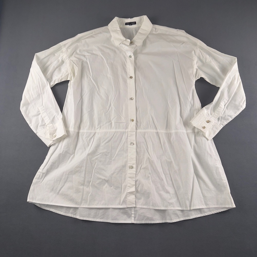 Eileen Fisher White Organic Cotton Poplin Seamed Tunic Shirt Small S17LAW